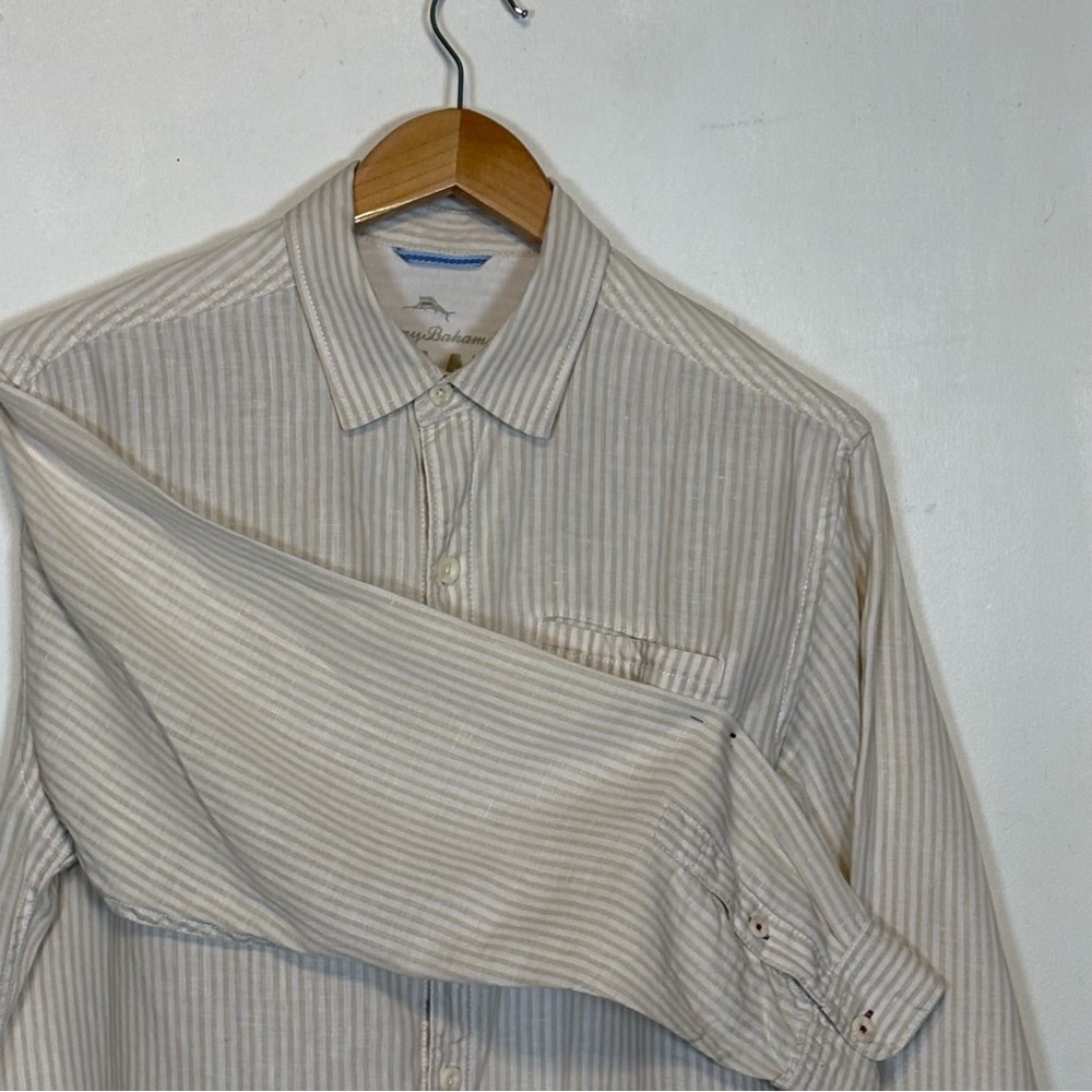 Tommy Bahama Men’s 100% Linen Cream Striped Button Down Shirt Size Medium
